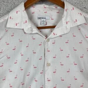Bar III Organic Cotton Button Shirt Mens L 16 White Pink Flamingos Long Sleeve